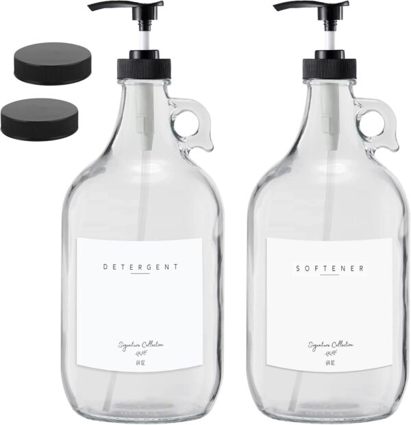 Laundry Detergent Dispenser for Laundry Room - Two Half Gallon Glass Jugs for Fabric Softener Dispenser, Liquid Laundry Soap Dispenser and Bleach - 64 oz. Black Commercial Liquid Pump Dispenser