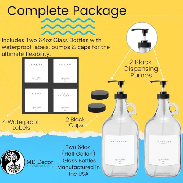 Laundry Detergent Dispenser for Laundry Room - Two Half Gallon Glass Jugs for Fabric Softener Dispenser, Liquid Laundry Soap Dispenser and Bleach - 64 oz. Black Commercial Liquid Pump Dispenser - Image 5