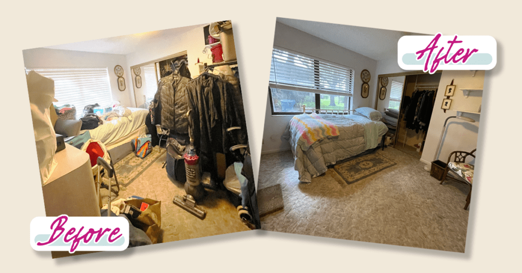 Bedroom overwhelmed by clutter before and after using the one corner method of decluttering