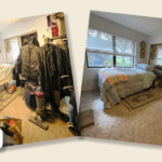 Bedroom overwhelmed by clutter before and after using the one corner method of decluttering
