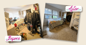 Bedroom overwhelmed by clutter before and after using the one corner method of decluttering