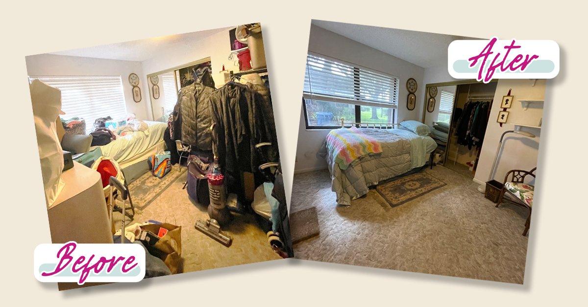 Bedroom overwhelmed by clutter before and after using the one corner method of decluttering