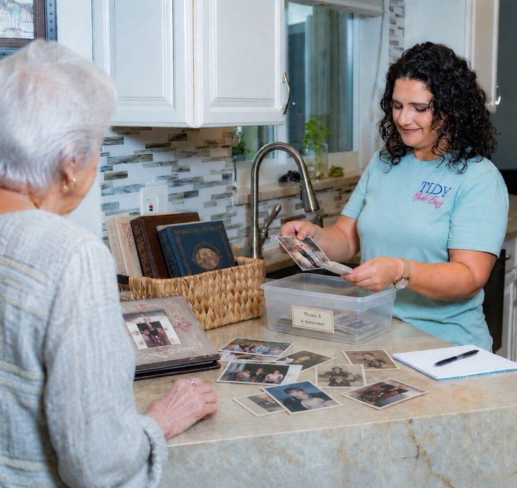 Rachel helping a senior with her photo albums